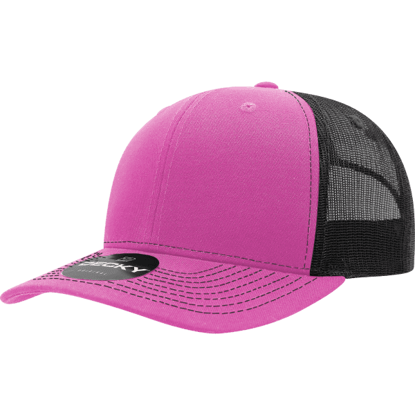 A bright pink trucker cap with a black mesh back and contrasting stitching. It features a logo on the front.