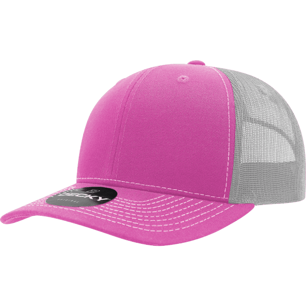 A pink and white 6-panel trucker cap with a mesh back and a branded tag.