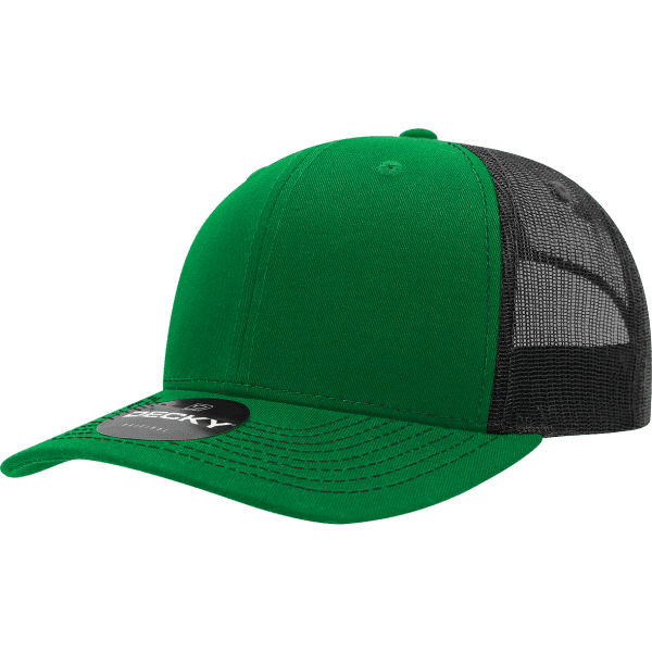 A green trucker cap with a black mesh back and a branded logo on the front.