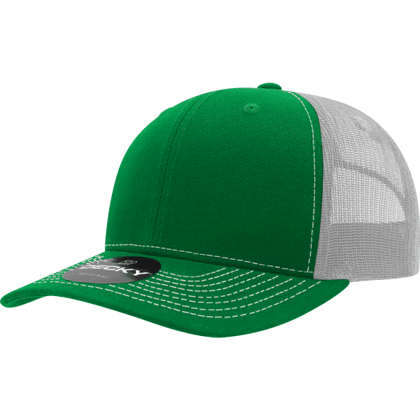 A green trucker cap with a white mesh back and a branded logo on the front.