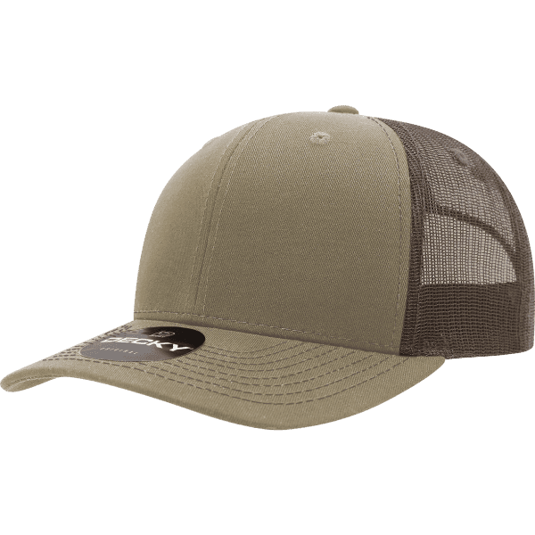 A khaki 6-panel trucker cap with a contrasting mesh back and a logo on the front.