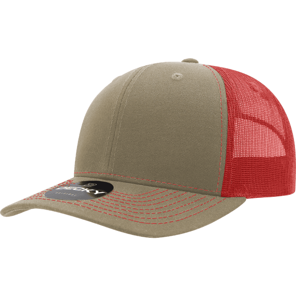 A khaki and red trucker cap featuring a mesh back and a logo on the front.