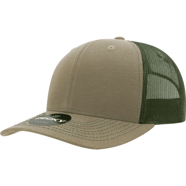 A khaki and green 6-panel trucker cap with a mesh back and a logo.
