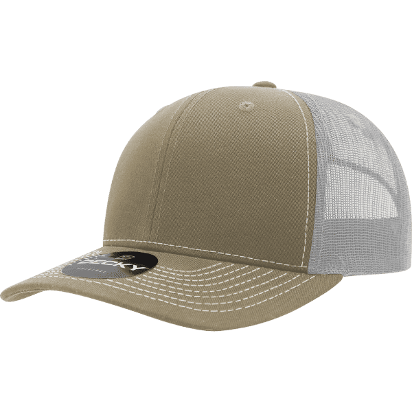 A khaki trucker cap with a mesh back and a rounded visor, featuring a logo on the front.
