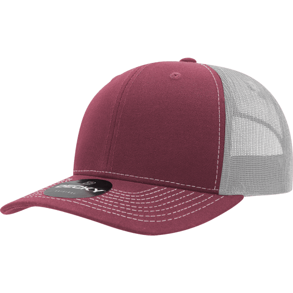 A burgundy trucker cap with a black mesh back and a logo on the front.