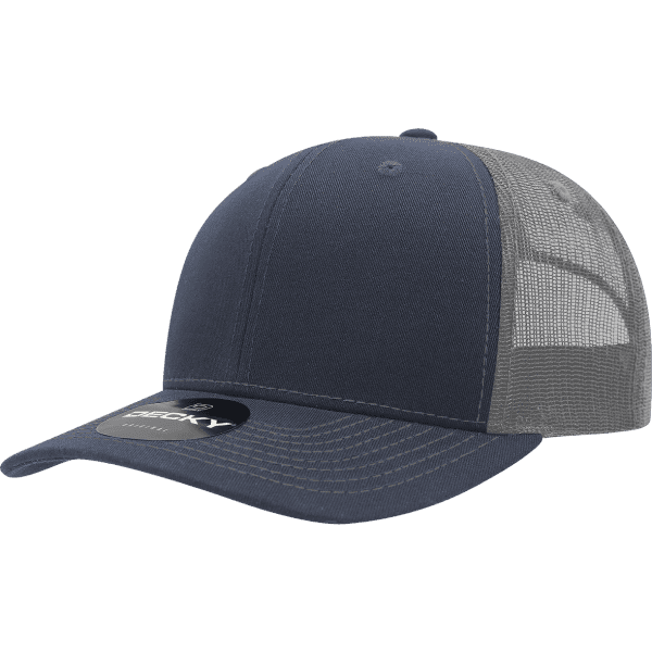 A navy blue trucker cap with a mesh back and a branded logo.