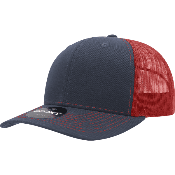 A navy and red structured trucker cap with a mesh back and a curved brim. It features a logo on the side.