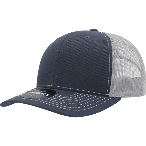 A navy blue trucker cap with a structured mid-profile design and mesh panels at the back.