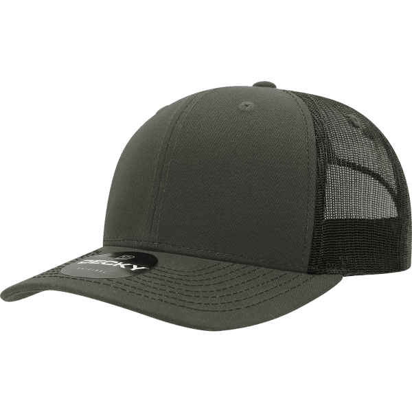 A green trucker cap with a mid-profile design and a mesh back, featuring a logo.