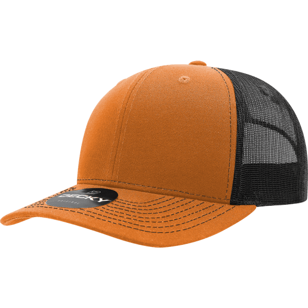 A trucker cap featuring a bright orange front and a black mesh back, with a logo on the side.