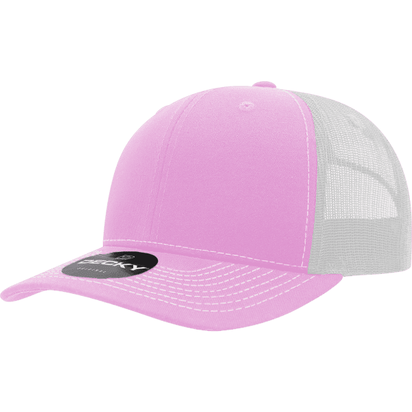 A pink trucker cap with a white mesh back and a circular logo on the front.