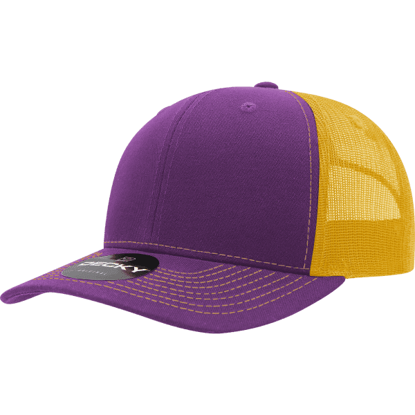 A purple and yellow trucker cap with a structured mid-profile design and mesh back, featuring a branding logo.