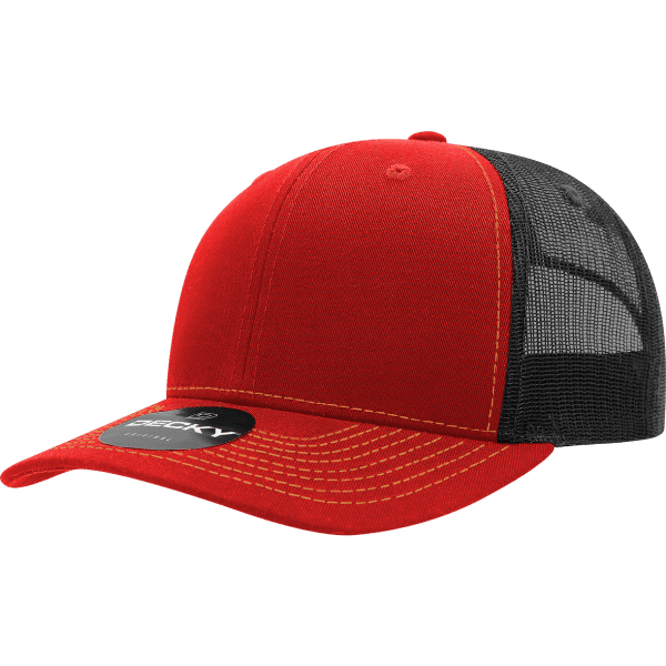 A red trucker cap with a black mesh back, featuring structured panels and a logo on the front.