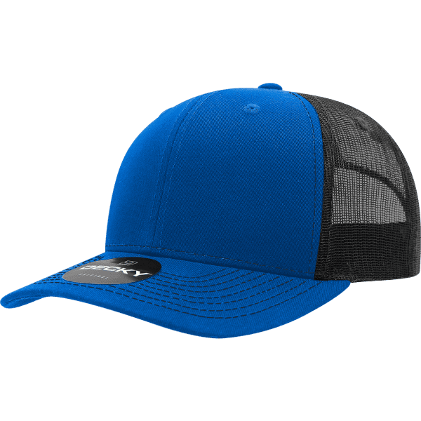 A blue trucker cap with a black mesh back and a label on the brim, featuring a sleek design.