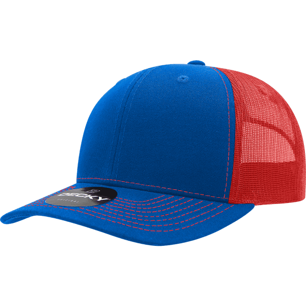 A blue and red trucker cap featuring a structured mid-profile design and a logo on the front.