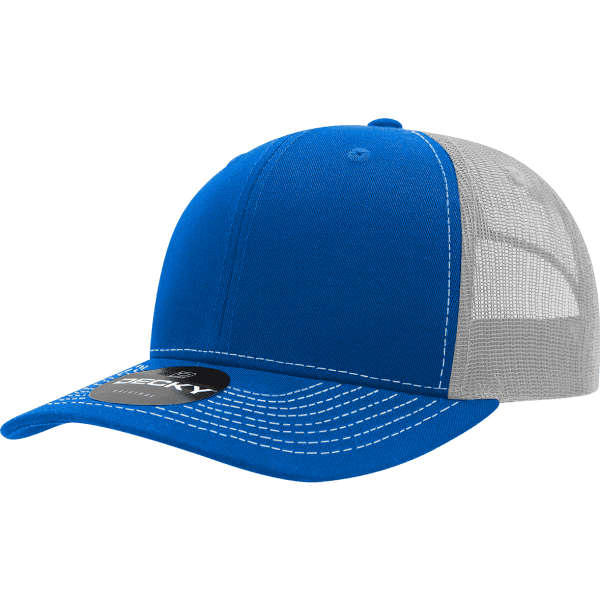 A blue and white 6-panel trucker cap with a mesh back and a branded logo on the front.