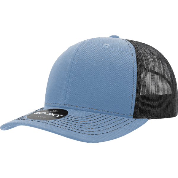 A bright blue trucker hat with a black mesh back and a logo on the front.