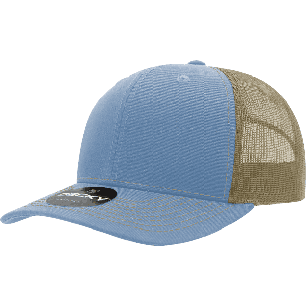 A blue and khaki 6-panel trucker cap with a mesh back and a logo on the front.