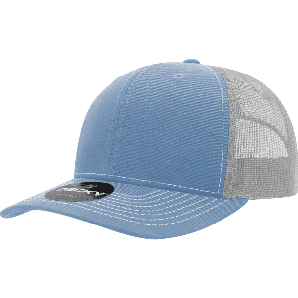 A blue and white 6-panel trucker cap with a mesh back and a branded tag on the peak.