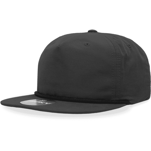 A black 5-panel high profile relaxed rope hat with a flat brim and a logo.
