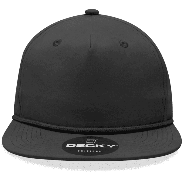 A high-profile, relaxed black rope hat featuring a branded patch on the front.