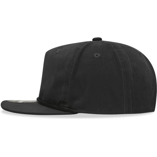 A black high-profile relaxed rope hat featuring a flat brim and an adjustable strap at the back.
