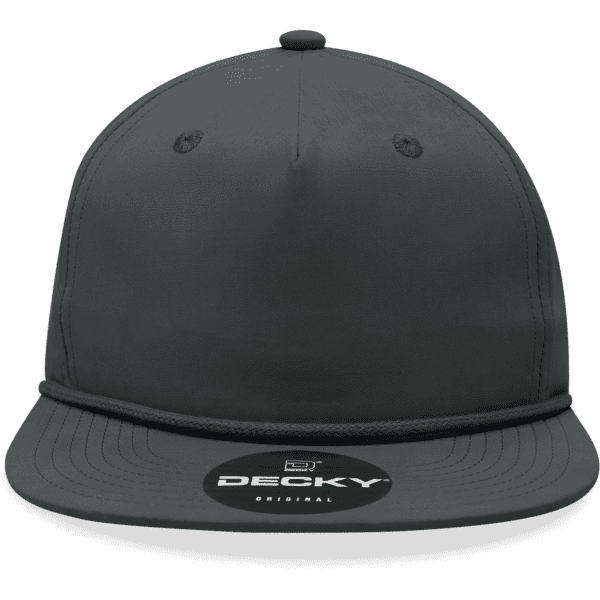 A high-profile, relaxed 5-panel hat in dark grey, featuring a decorative rope and a logo on the front.