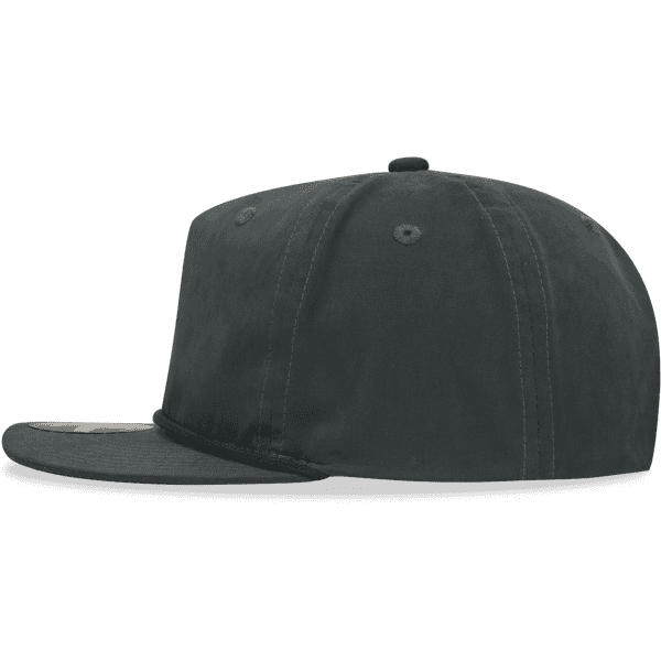 A dark grey 5 Panel High Profile Relaxed Rope Hat featuring a flat brim and a logo.