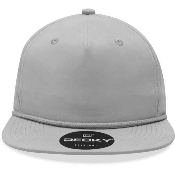 A high-profile, relaxed grey rope hat with a round brim and a logo on the front.