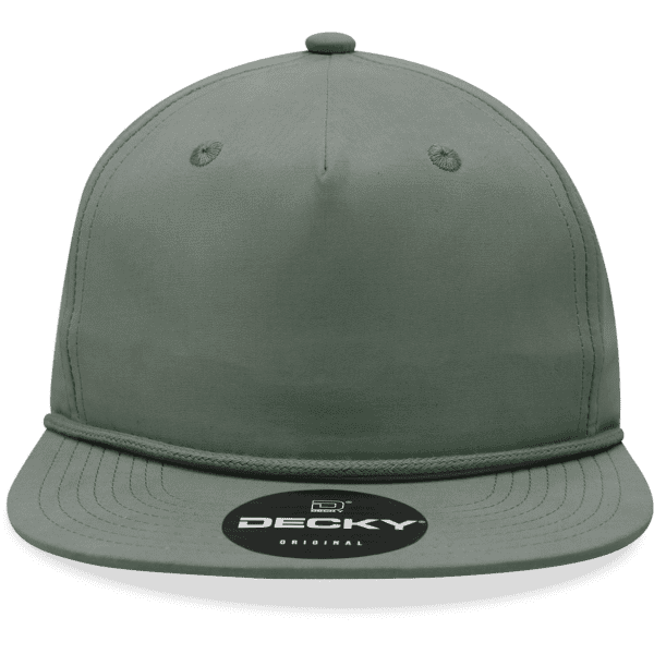 A high-profile relaxed rope hat in olive green featuring a flat brim and a branded patch.
