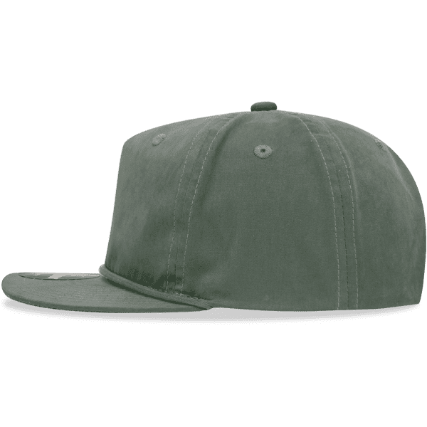 A high-profile relaxed rope hat in olive green, featuring a flat brim and a logo on the front.