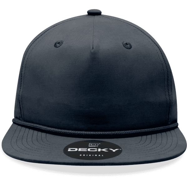 A navy five-panel high-profile relaxed rope hat with a logo on the front.