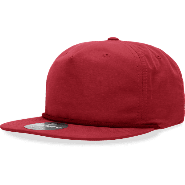 A red 5 panel high pro cotton/poly blend rope hat featuring a flat brim and a logo detail.