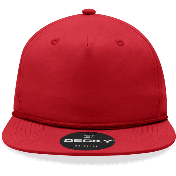 A red 5-panel high profile relaxed rope hat with a branded logo on the front.
