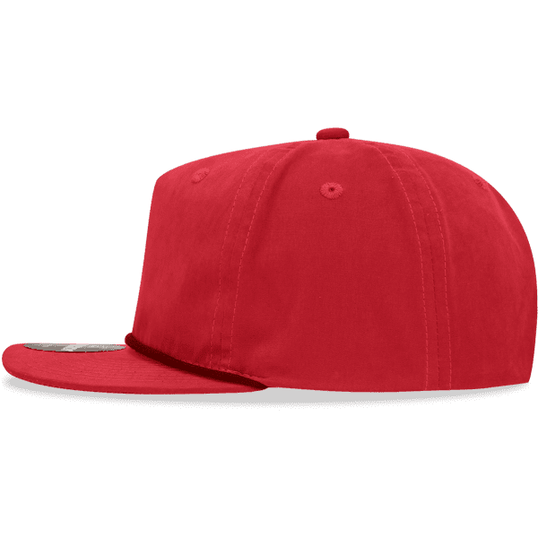 A red high-profile relaxed rope hat featuring a five-panel design and a logo.
