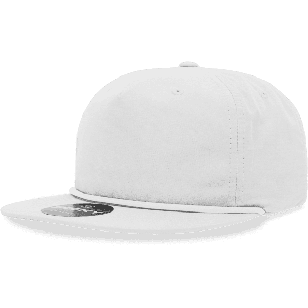 A white 5 Panel High Pro Cotton/Poly Blend Rope Hat with a flat brim and a logo on the front.