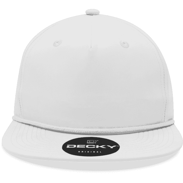 A white five-panel high profile relaxed rope hat with a logo on the front.