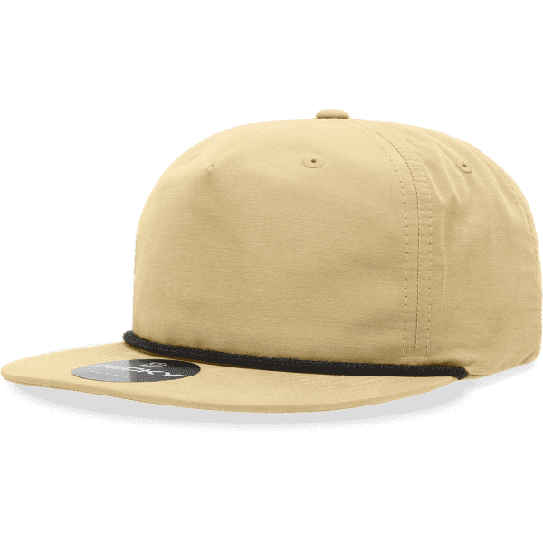 A beige 5 panel high profile cotton/poly blend rope hat with a flat brim and branding on the front.