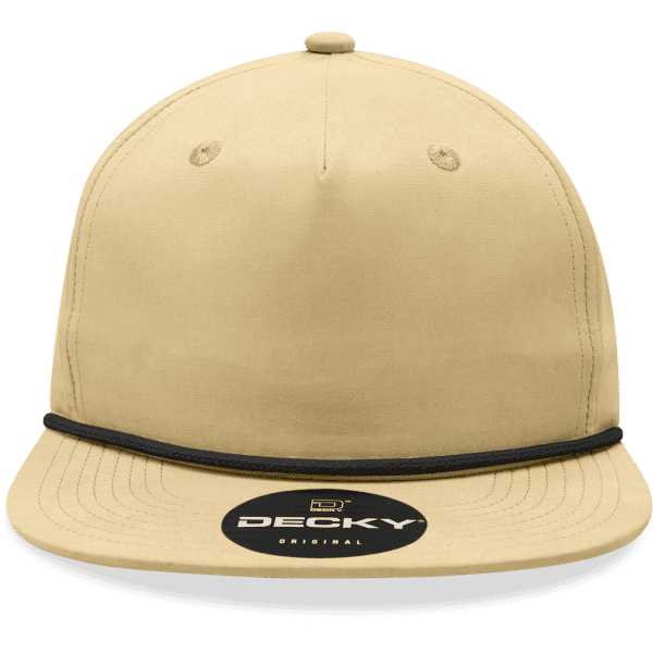 A high-profile, relaxed 5-panel hat in khaki with a black rope accent and a logo on the front.