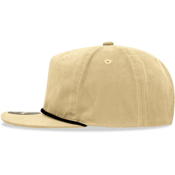 A beige 5 panel high profile relaxed rope hat featuring a black trim and a logo on the front.