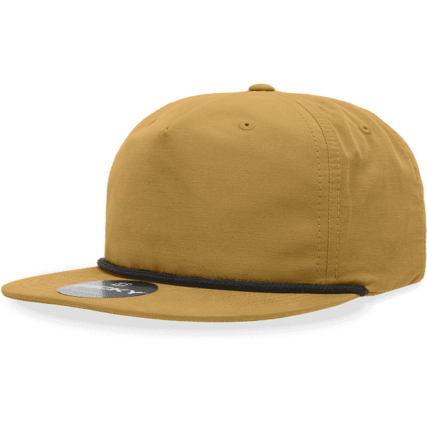 A brown 5-panel cap with a contrasting black brim and a logo on the front.