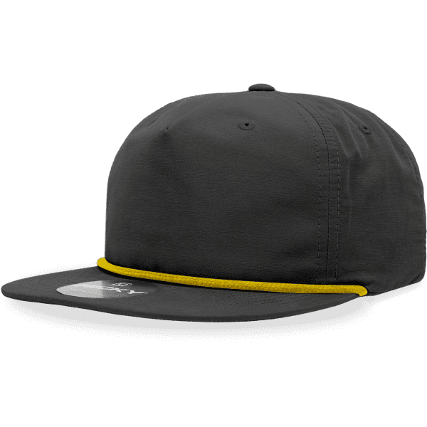 A black 5 Panel High Pro Cotton/Poly Blend Rope Hat with a yellow rope detail and a logo on the front.