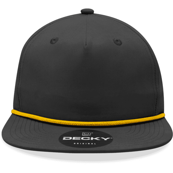 A 5 panel high profile relaxed rope hat in black with a yellow rope detail and a logo on the front.