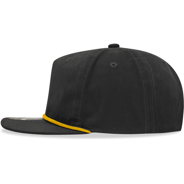 A high-profile black relaxed rope hat featuring a yellow accent and a logo on the front.