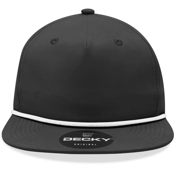 A black high-profile relaxed rope hat featuring a white rope band and a logo on the front.