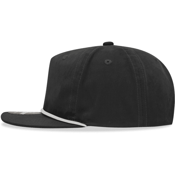 A black 5 Panel High Profile Relaxed Rope Hat with a contrasting white rope detail. Features branding on the front.