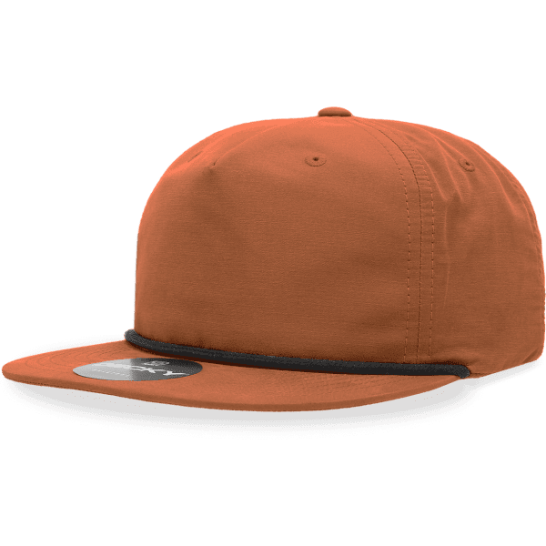 An orange 5 Panel High Pro Cotton/Poly Blend Rope Hat with a flat brim and a logo on the front.