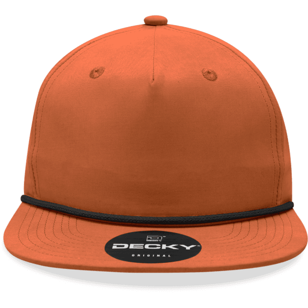 An orange 5 panel high profile relaxed rope hat featuring a black rope and a logo on the front.