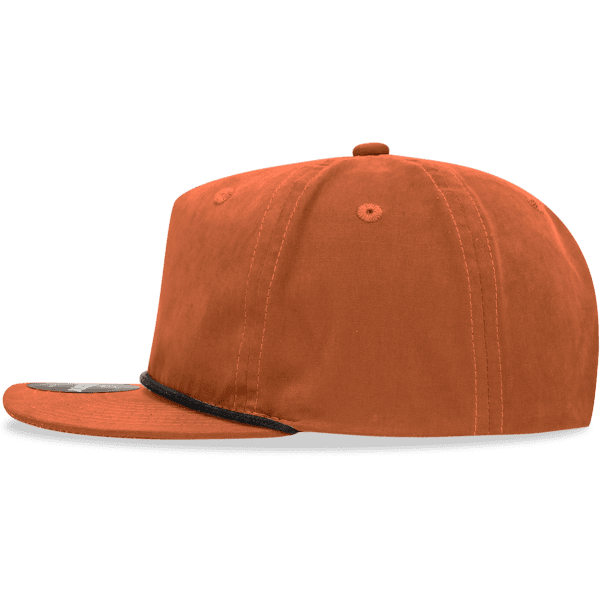 An orange 5-panel high profile relaxed rope hat featuring a black rope detail and a curved brim.