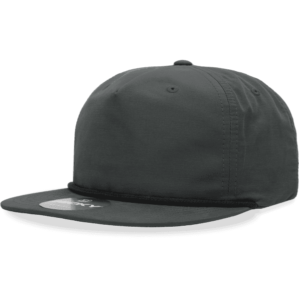A dark grey 5 Panel High Pro Cotton/Poly Blend Rope Hat with a flat brim and a logo.